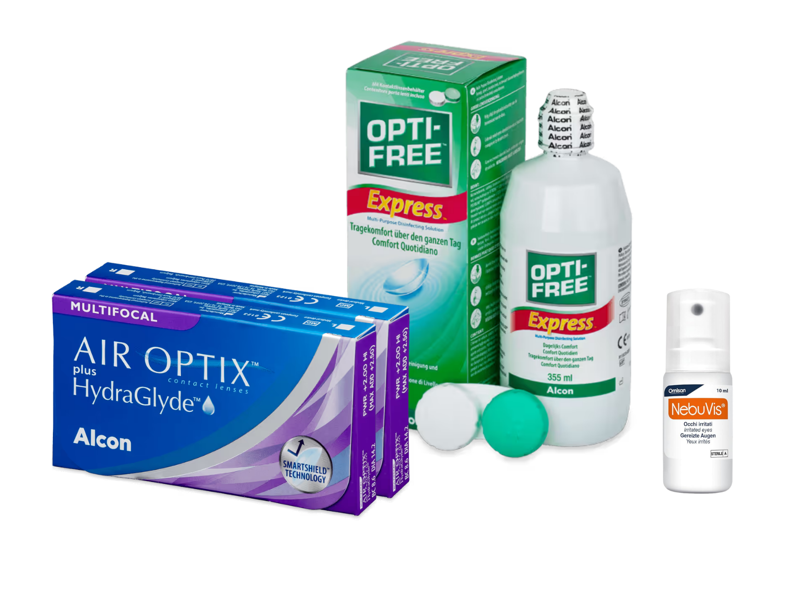 AirOptix Plus HydraGlyde Multifocal (2x3 lenti) + OptiFree Express 355ml + Nebuvis Occhi Irritati
