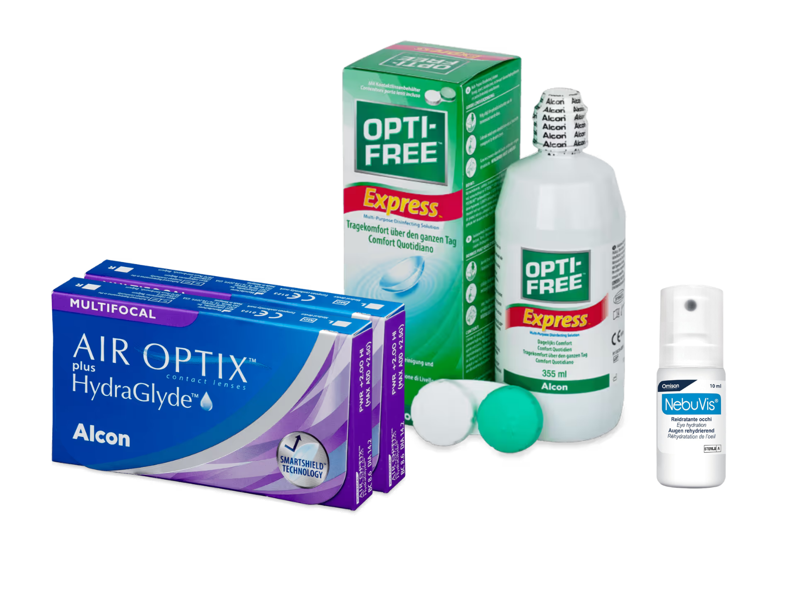 AirOptix Plus HydraGlyde Multifocal (2x3 lenti) + OptiFree Express 355ml + Nebuvis Reidratante Occhi