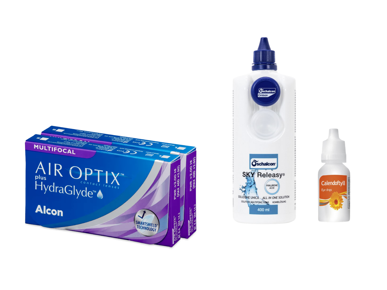 AirOptix Plus HydraGlyde Multifocal (2x3 lenti) + Sky Releasy 400 ml + Calendoftyll