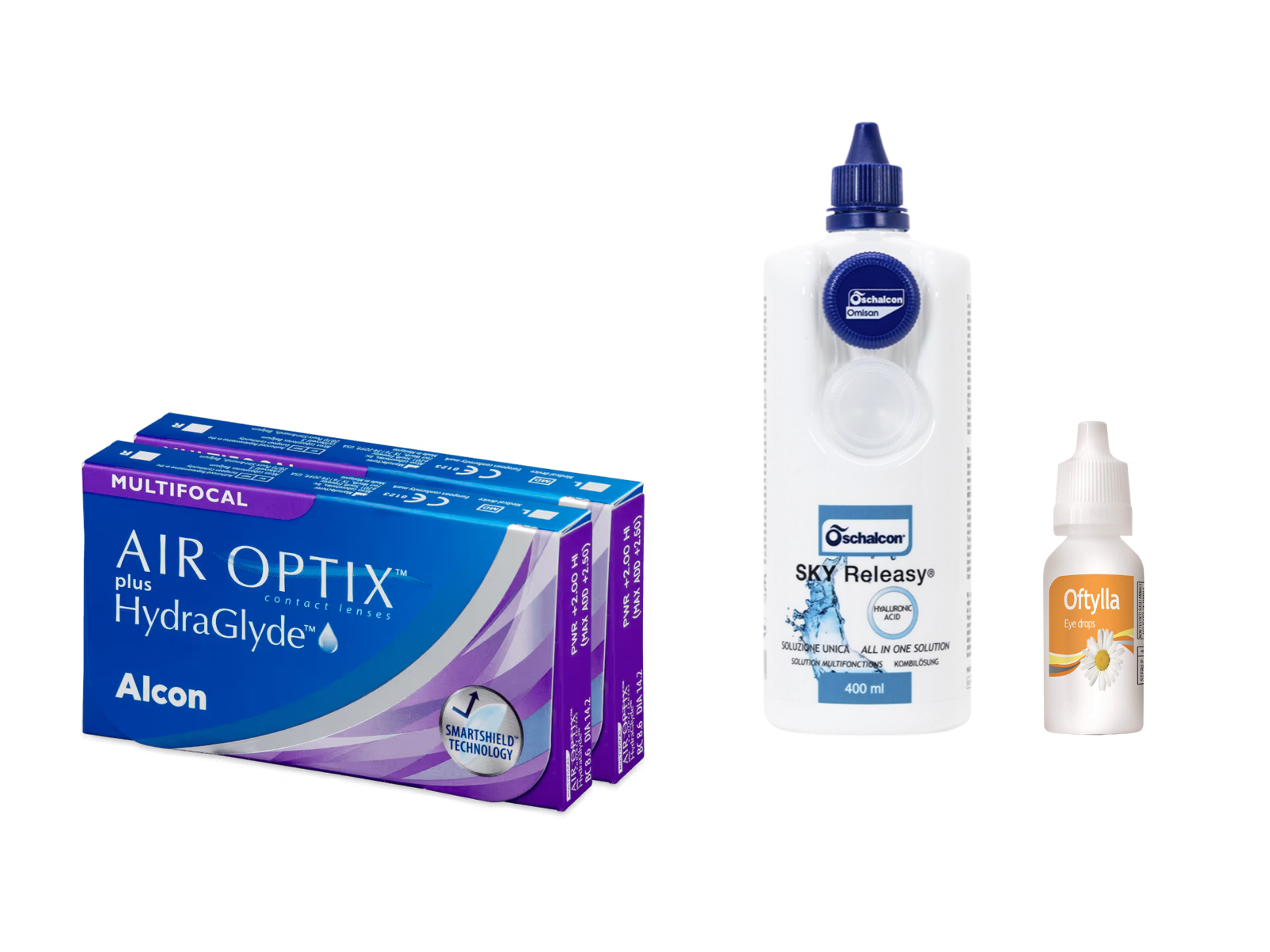 AirOptix Plus HydraGlyde Multifocal (2x3 lenti) + Sky Releasy 400 ml + Oftylla