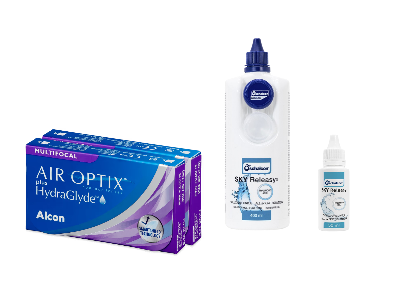 AirOptix Plus HydraGlyde Multifocal (2x3 lenti) + Sky Releasy 400 ml + Sky Releasy 50 ml