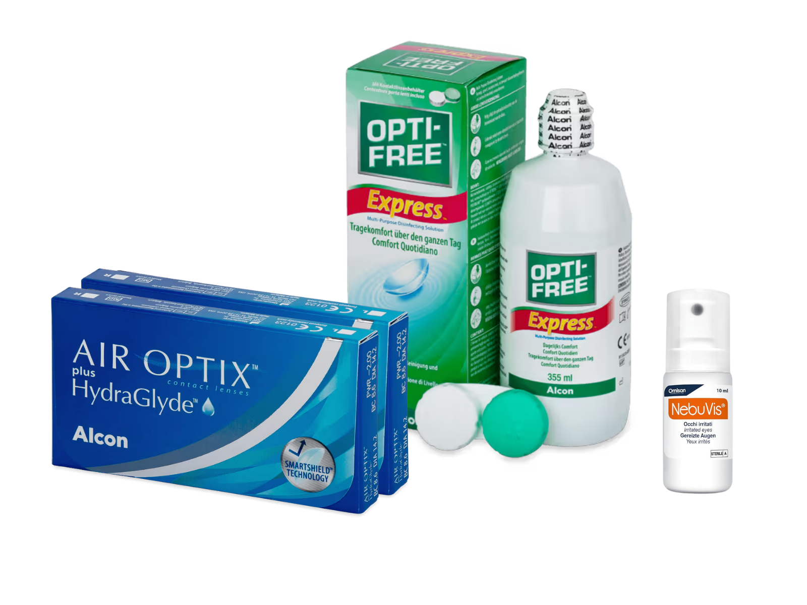 AirOptix Plus HydraGlyde (2x3 lenti) + OptiFree Express 355ml + Nebuvis Occhi Irritati