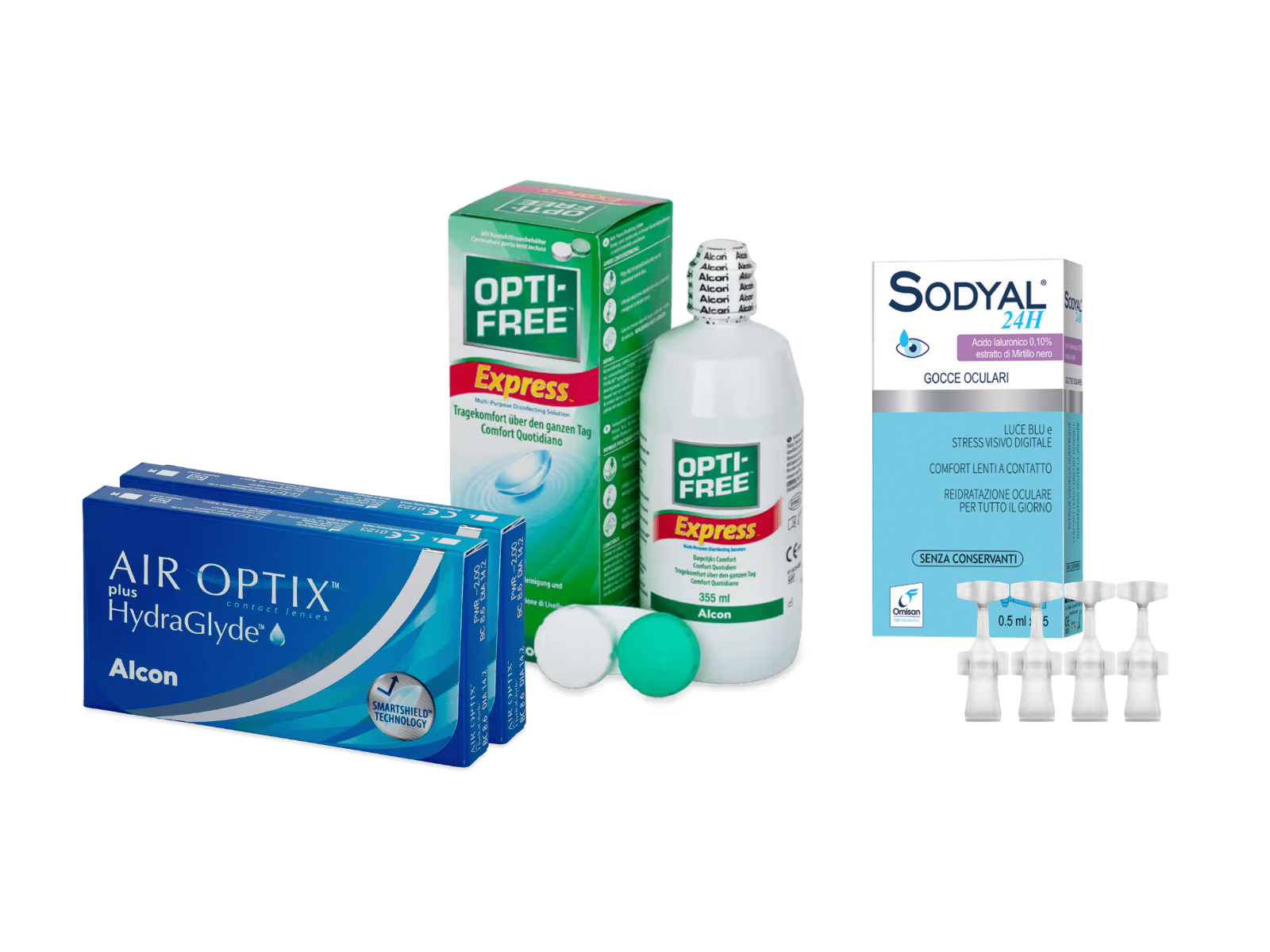 AirOptix Plus HydraGlyde (2x3 lenti) + OptiFree Express 355ml + Sodyal 24H