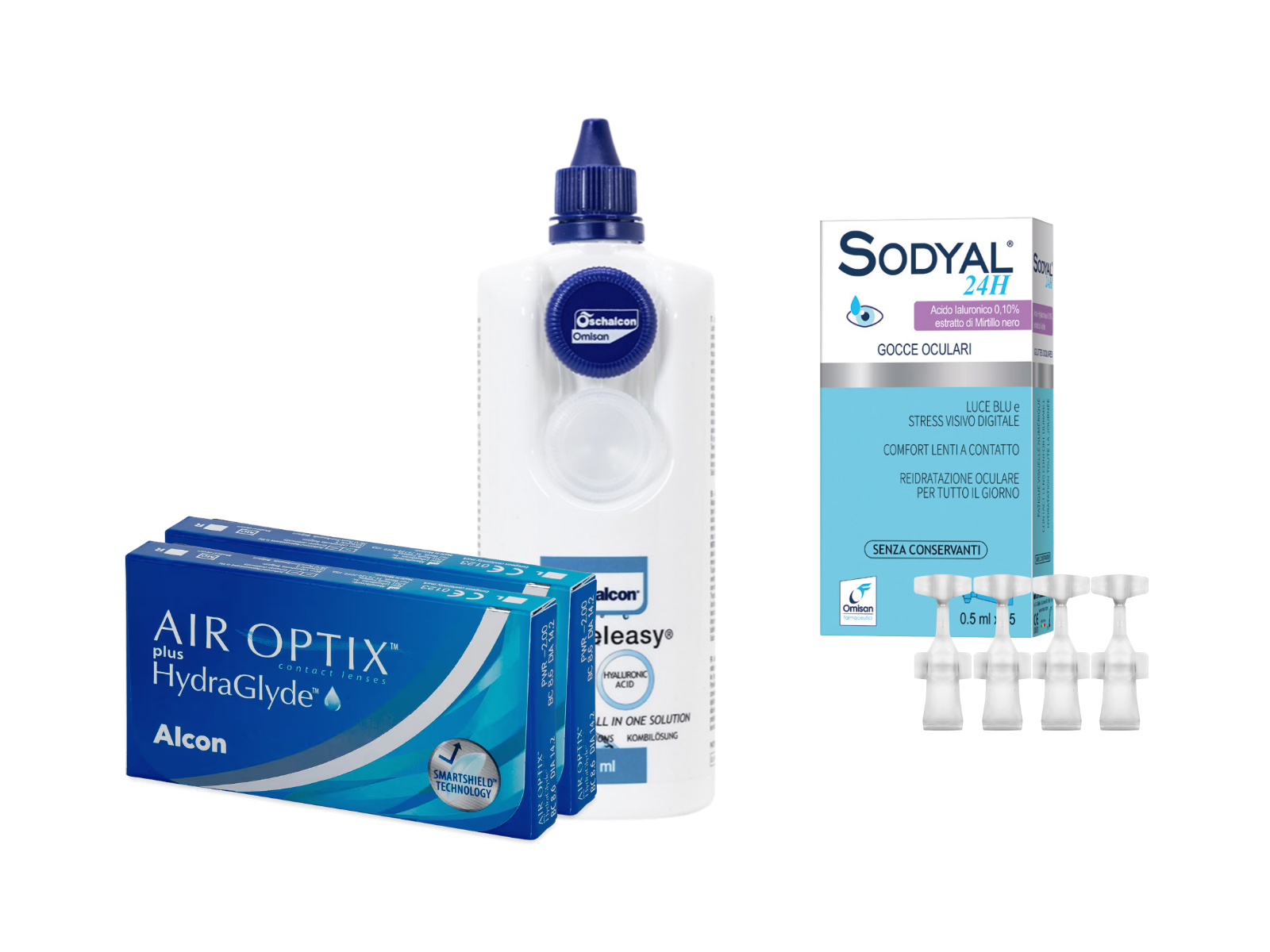 AirOptix Plus HydraGlyde (2x3 lenti) + Sky Releasy 400 ml + Sodyal 24H