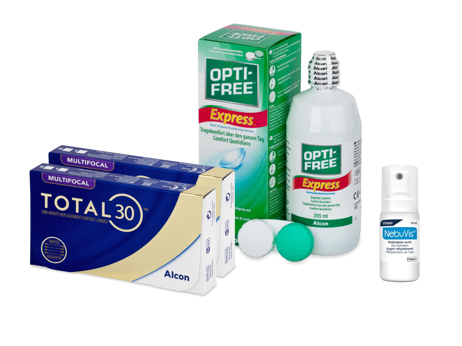 Total30 Multifocal (2x3 lenti) + OptiFree Express 355ml + Nebuvis Reidratante Occhi